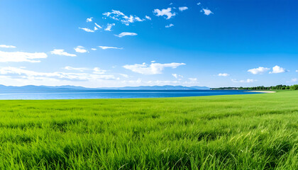 Obraz premium A serene landscape unfolds with a vast expanse of lush, vibrant green grass stretching
