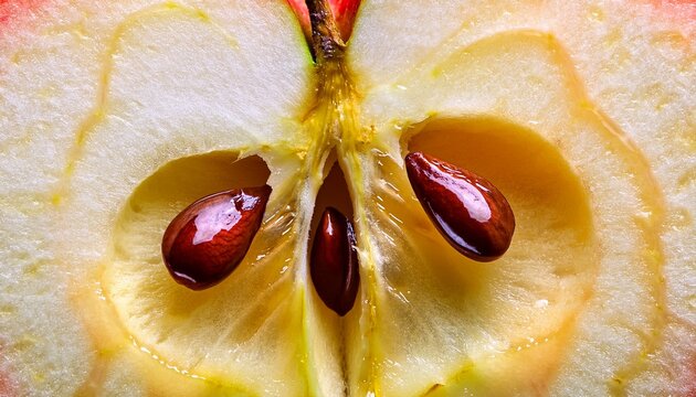 Symmetrical Close Up Of A Red Apple Cross Section Revealing Seeds And Juicy Texture