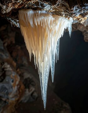 Stunning close-up of a large, intricate stalactite formation in a dark cave, illuminated by a soft light, showcasing its delicate crystalline structure and pointed tip.