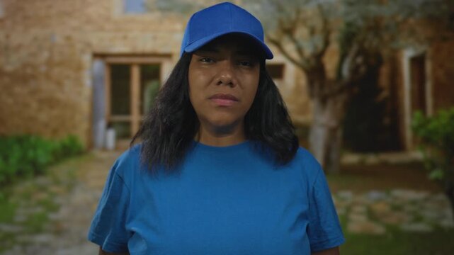 African american courier woman in blue cap and uniform frowns sternly at building entrance; work frustration.