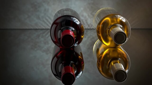 Two wine bottles, red and white, lying on reflective surface with dramatic studio lighting