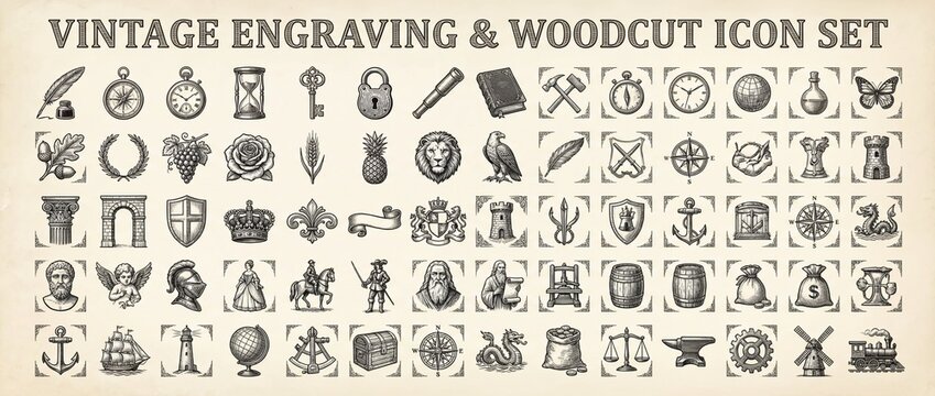 Collection of vintage engravings and woodcut icons featuring various objects and symbols from different themes and subjects