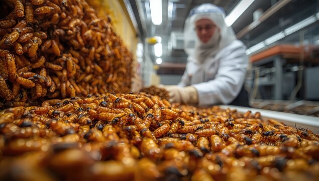 Black soldier fly larvae are harvested at insect farms for use as feed for fish and poultry