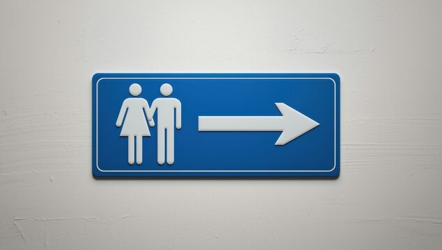 Blue restroom sign with an arrow on a wall. Toilet concept. Indoor close-up