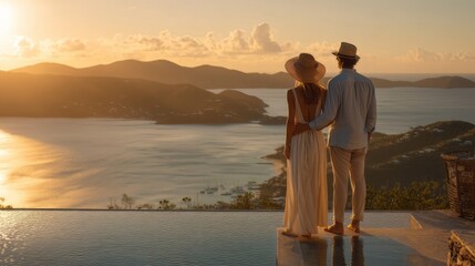 Fototapeta premium A couple on romatic summer vacation satnd at the edge of the infinity swimming pool enjoys a the sunset view behind the ocean
