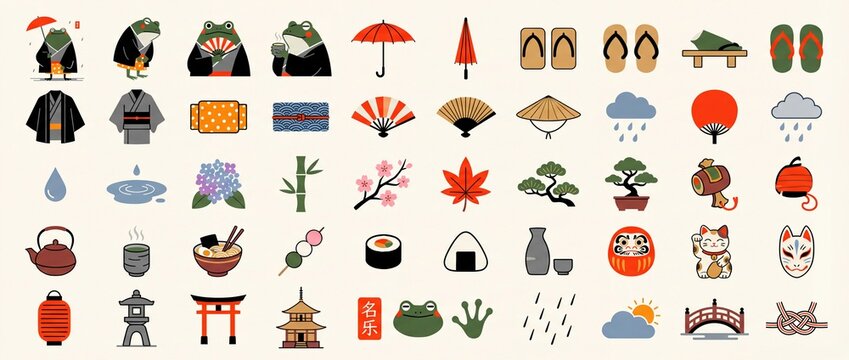 Icons representing Japanese culture with various elements such as food, nature, clothing, and symbols during a cultural event