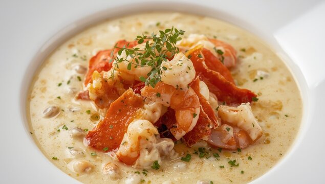Bowl of clam chowder garnished with lobster and shrimp