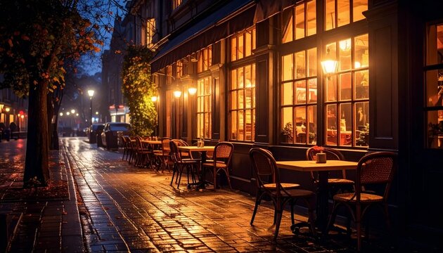 Charming European Cafe Exterior at Night with Warm Glowing Windows and Outdoor Seating.