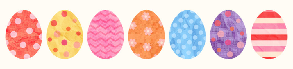 Vector Easter eggs paper shapes, halftone colorful egg designs with dots, stripes and flower patterns for collages and greeting cards © dollitude