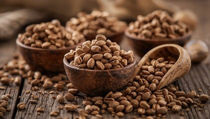 Fototapeta premium Bowls of dry chicory root pieces on a wooden table, close-up