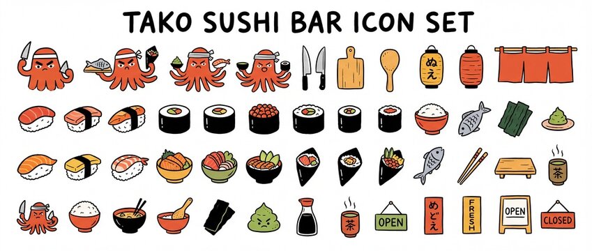 Tako sushi bar icon set includes various sushi and bar items in a colorful design with an octopus theme