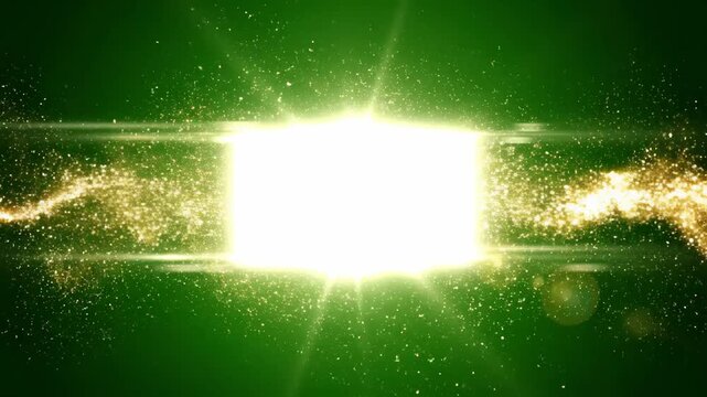 Epic reveal of a bright white light box with golden particle streams on a deep green background, ideal for product introductions and awards show openers.
