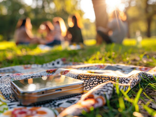 Smartphone on Picnic Blanket at Sunset
