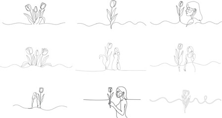 Mothers Day Single line of women and tulips in various poses single line continuous line woman