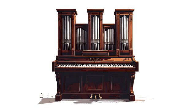 Large brown organ with many vertical pipes and keys in a stylized illustration on a white background