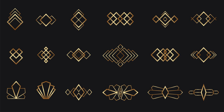 Art Deco decorative dividers and geometric frames in gold gradient on a black background. Clean, symmetrical diamond shapes suitable for luxury branding and design accents. Vector illustration