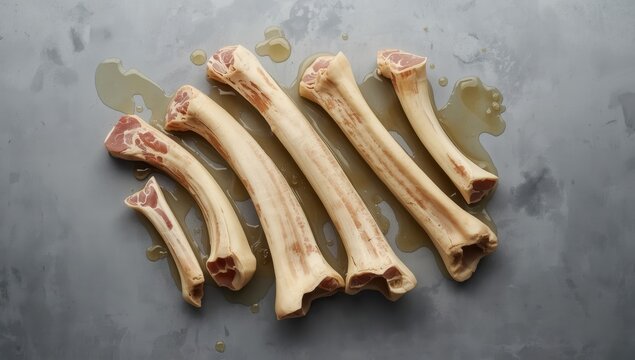 Butcher table with raw calf marrow bones. Gray backdrop. Overhead view