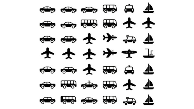 Airplane car bus boat transportation icons isolated on transparent background.