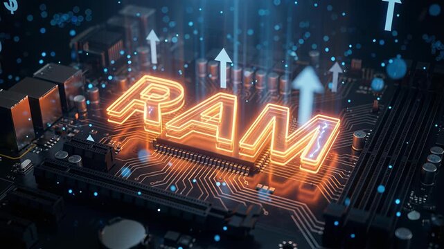 RAM glowing on a microchip with upward arrow, memory shortage crisis, ai data centers boom, rising ram prices, hardware supply pressure.
