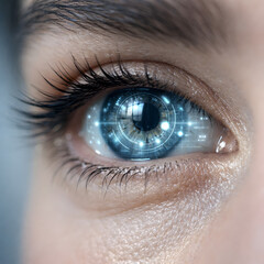 Naklejka premium Ultra-realistic close-up of a human eye with futuristic digital interface reflections, glowing data and holographic overlays, clean medical technology concept. 