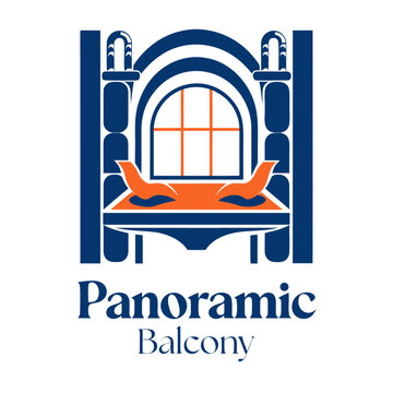 A logo for a panoramic balcony with a blue and orange design