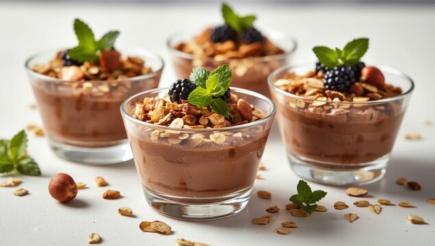 Chocolate and chestnut mousse in glass cups topped with roasted almonds, oats, blackberries, and mint