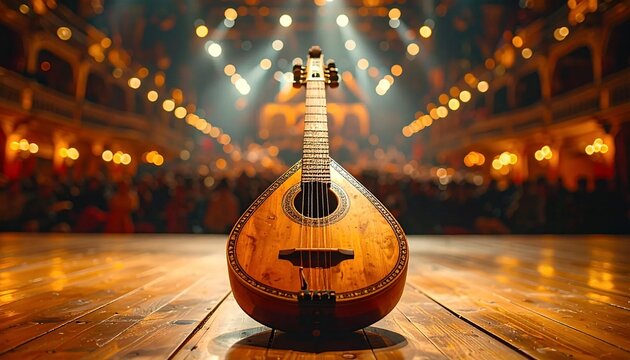 Mandolin on Stage Under Spotlight in Grand Concert Hall.