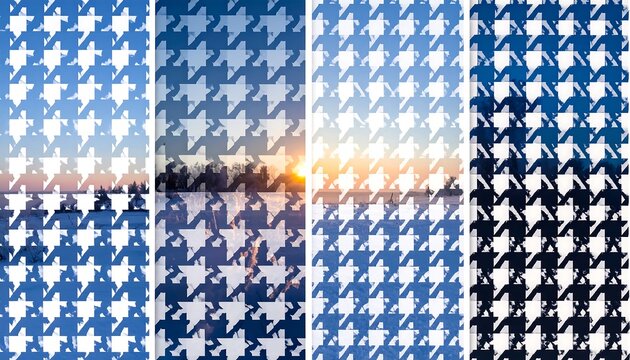 Four panels displaying a blue and white houndstooth pattern over blurred landscapes, creating abstract layered scenes
