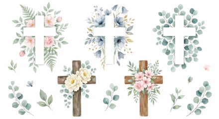 Watercolor vector religious crosses with eucalyptus branches, flowers and leaves. Eastern Catholic symbol. Design elements first communion, church holidays.Hand drawn illustration. © liana