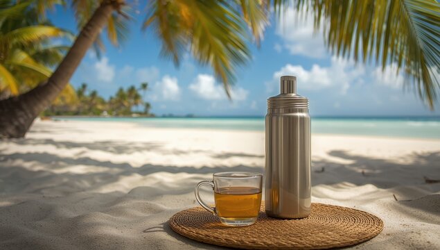 Classic Latin American mate tea with a thermos of hot water on a sandy tropical beach surrounded by coconut palms. Blank space backdrop