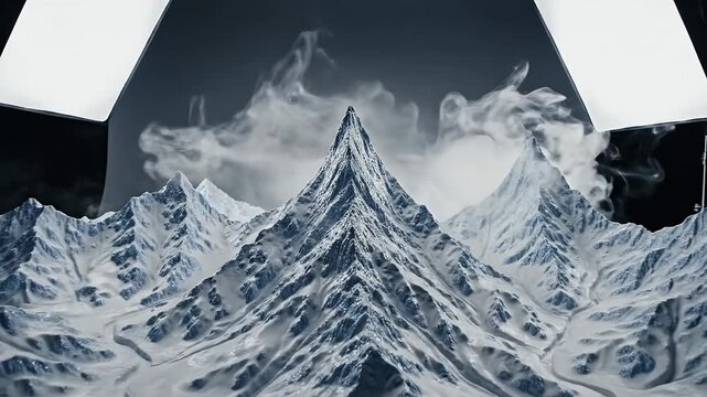 Scenic Mountain Range Peaks Covered in Snow with Soft Lighting and Dark Background Under Studio Lights With Smoke