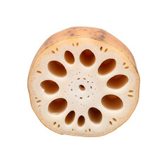Fototapeta premium Lotus root slice with visible seeds and pores transparent background