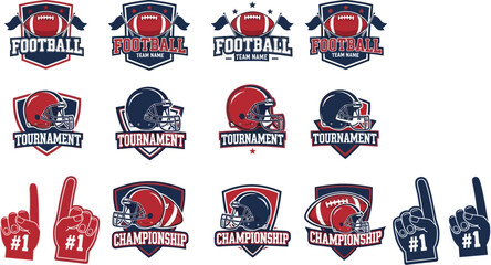 A collection of football-themed logos with helmets, tournament symbols, championship icons, and #1 foam fingers for sports teams and events