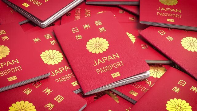 A lot of Japan passports. Japan immigration, citizenship, travel and tourism concept. 3d animation