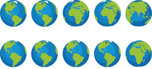 Globe Earth Icon Collection Showing World Map Views Global Planet Vector Illustration Set