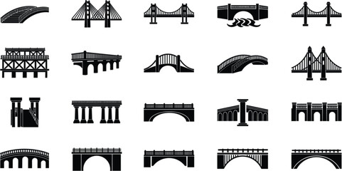 Obraz premium Bridge Icon Collection with Various Suspension Arch and Modern Bridge Silhouettes Vector Illustration Set