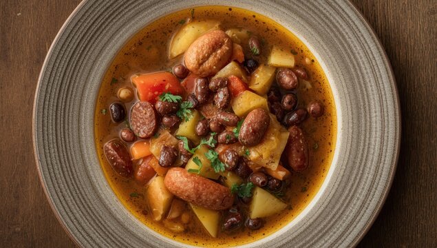 Close-up horizontal view of a plate of Portuguese Stone Soup featuring a mix of beans and sausages like chourico and morcilla