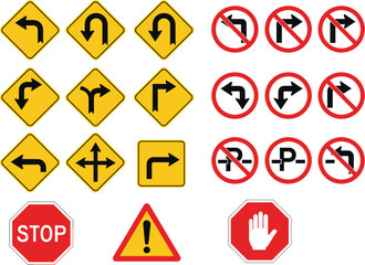 Road Traffic Direction and Prohibition Sign Icon Set with Warning and Stop Symbols Collection