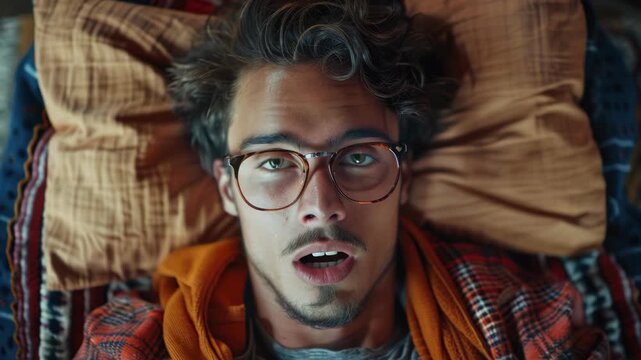 A young man with glasses relaxing on a bed.