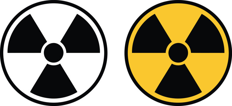 Two radiation warning symbols, one black and white, the other yellow and black.