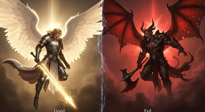 Celestial warrior figure contrasts sharply with a demonic adversary across a divide of light and shadow