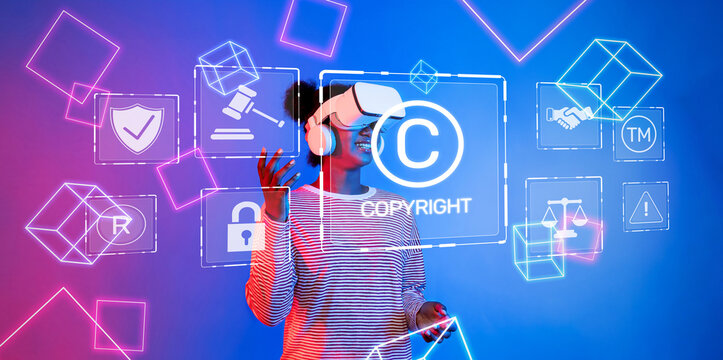 A woman uses a VR headset in a vibrant digital environment, interacting with symbols of copyright law, internet regulations, and online safety, highlighting modern issues. XDMCP