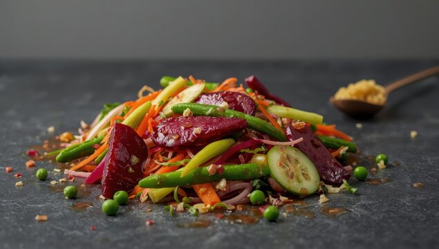 Close-up of beetroot salad dressing with pickled cucumber, beans, carrots, peas, and sauerkraut on a dark surface