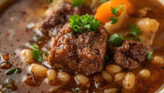 Close-up of barley and parsley oxtail soup