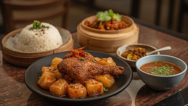 Close-up of chifa dish: chicken chijaukay, siu mai with minced meat, chaufa rice, and wonton soup, featuring Peruvian cuisine