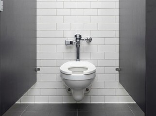 Public restroom stall with white toilet and subway tile