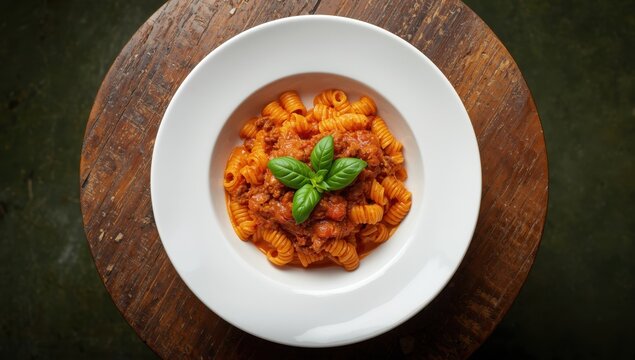 Close-up of fusilli pasta with tomato sauce, minced beef, and basil on a plate, viewed from above