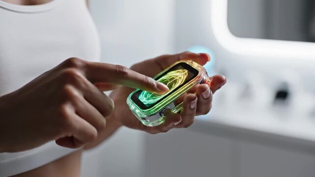 Person holding glowing device monitoring heart rate in modern setting