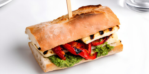 Grilled halloumi and roasted pepper baguette with pesto