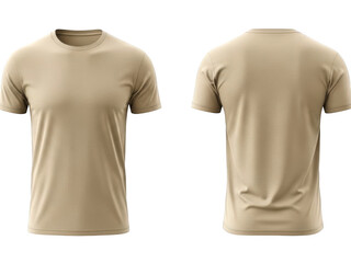 A beige t-shirt with a round neck and short sleeves displayed from both the front and back
